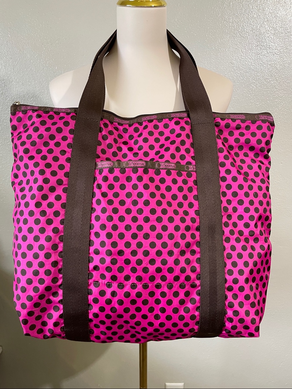 LeSportsac Pink Polka Dot Tote Bag Nylon Travel Shoulder Large Lightweight Zip